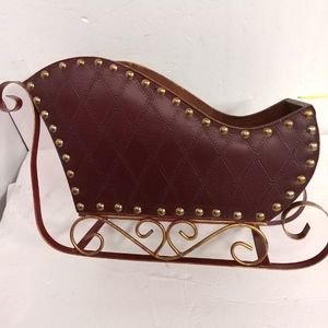 Santa Christmas Sleigh Wooden Metal & Burgundy Leather Large